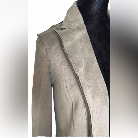 Premise Faux Leather Jacket Sz S Gray Green Open Front Minimalist Long Lines EUC - Picture 5 of 13